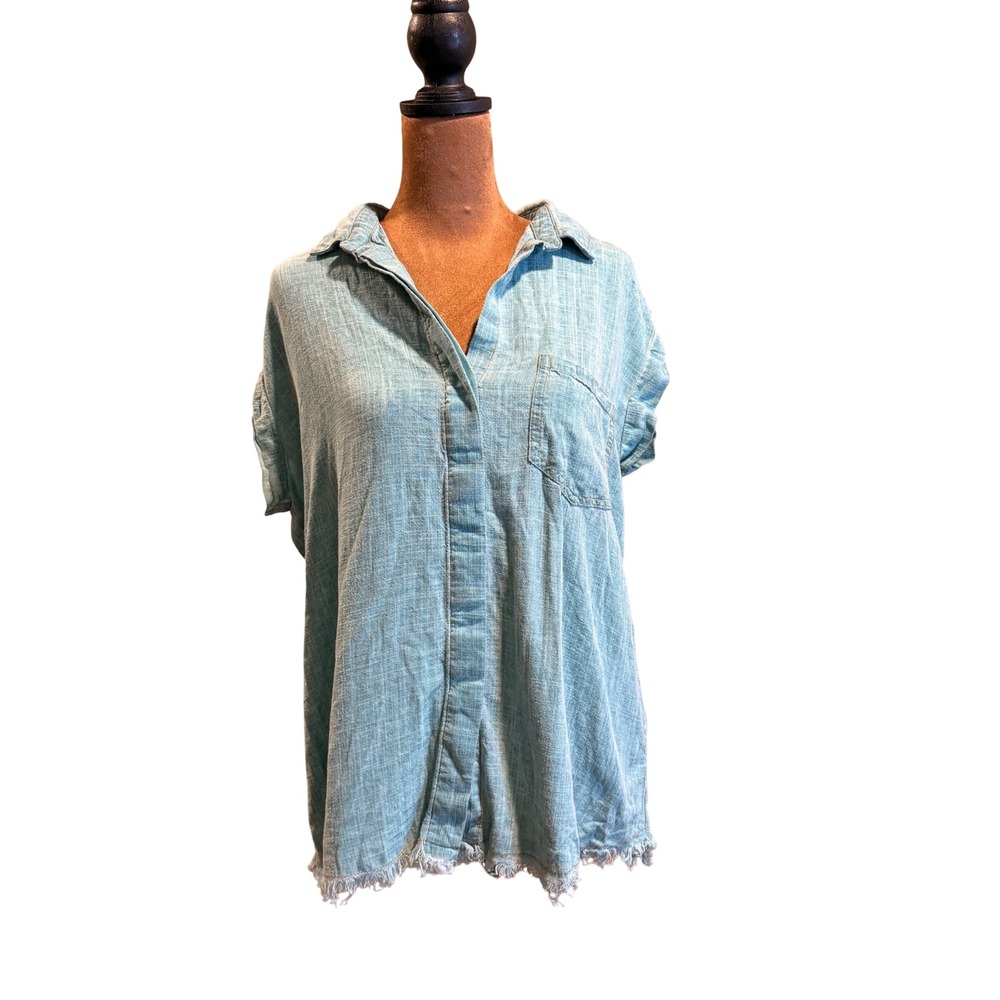 Umgee Linen Blend Button Down S Blue Raw Boho Beachy Restortwear Travel Coastal‎